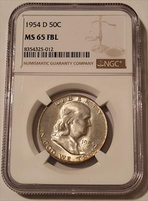 1954 D Franklin Half Dollar MS65 FBL NGC Toning