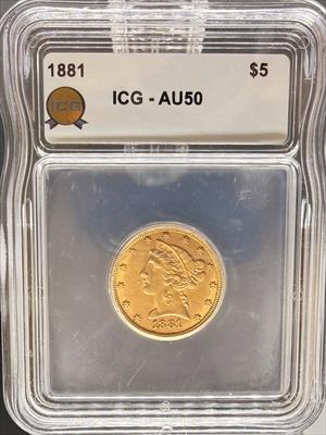 1881 $5 Liberty AU50 ICG