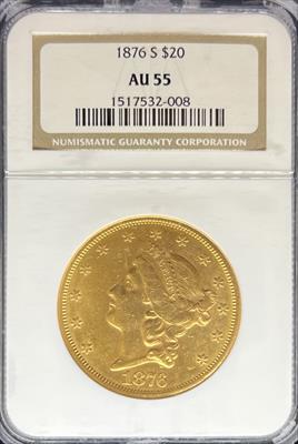 1876-S $20 Liberty AU55 NGC