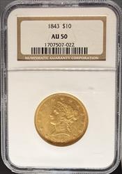 1843 $10 Liberty AU50 NGC