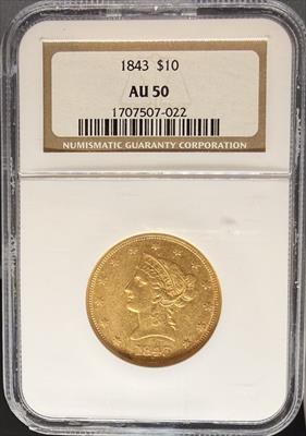 1843 $10 Liberty AU50 NGC