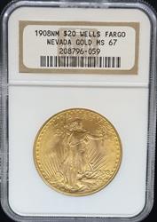1908 NM $20 St Gaudens Well's Fargo MS67 NGC
