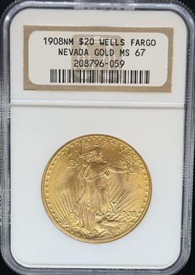 1908 NM $20 St Gaudens Well's Fargo MS67 NGC