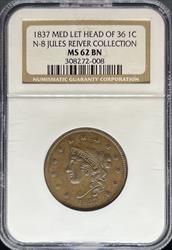 1837 Large Cent Medium Letters Head of 36 N-8 MS62BN NGC