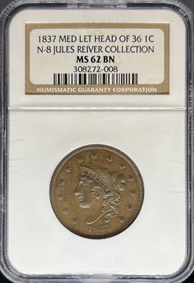 1837 Large Cent Medium Letters Head of 36 N-8 MS62BN NGC