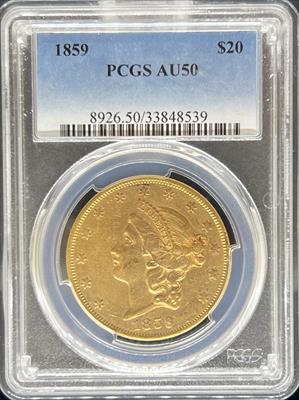 1859 $20 Liberty AU50 PCGS