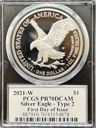 2021-W Silver Eagle T2 First Day Issue PR70DCAM PCGS Black Core