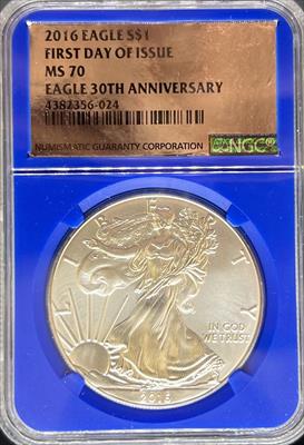 2016 Silver Eagle MS70 NGC FDI 30th Anniversary Blue Core