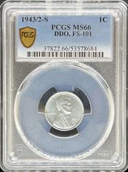 1943/2-S DDO Steel Lincoln Cent MS66 PCGS FS-101