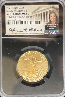 2021 G$25 Eagle T1 Mint Error MS69 NGC Obverse Struck Thru Black Core