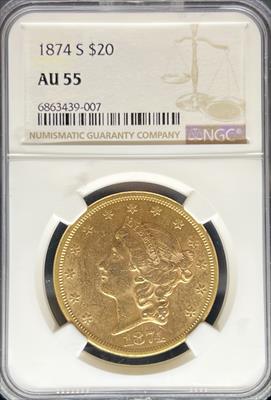 1874-S $20 Liberty AU55 NGC
