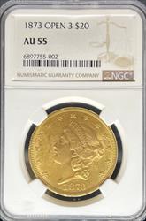 1873 Open 3 $20 Liberty AU55 NGC