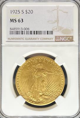 1925-S $20 St Gaudens MS63 NGC