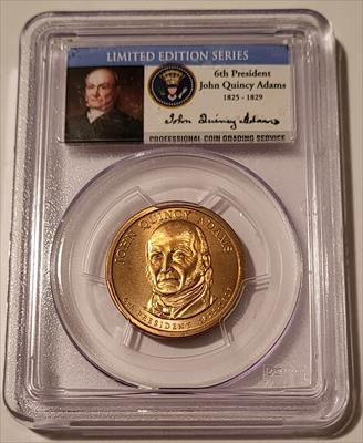 2008 John Q Adams Presidential Dollar Missing Edge Lettering Error SP66 PCGS SF Portrait Label