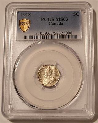 Canada George V 1918 Silver 5 Cents MS63 PCGS GSH