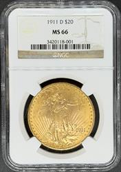 1911-D $20 St Gaudens MS66 NGC