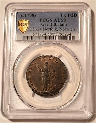 Great Britain c 1790 1/2 Penny Conder Token Norfolk - Norwich DH-24 AU58 PCGS GSH