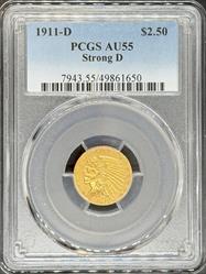 1911-D $2.5 Indian AU55 PCGS Strong D