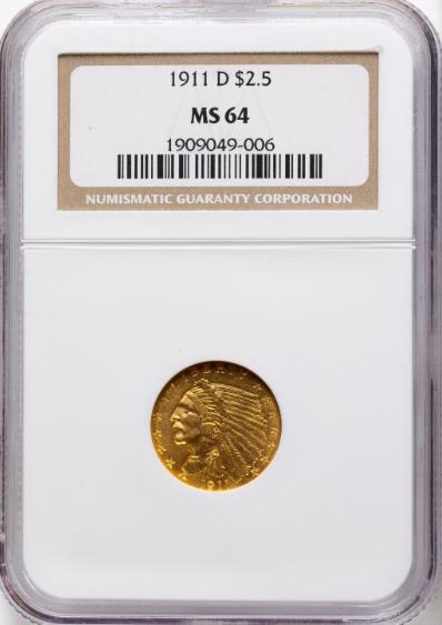 1911-D $2.5 Indian MS64 NGC Strong
