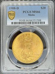 1908-D Motto $20 St Gaudens MS66 PCGS