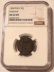 Italy States Tuscany 1838 3 Quattrini MS62 BN NGC