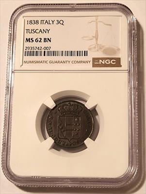 Italy States Tuscany 1838 3 Quattrini MS62 BN NGC