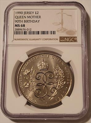 Jersey 1990 2 Pounds Queen Mother 90th Birthday MS68 NGC