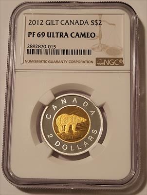 Canada 2012 Silver 2 Dollars Gilt Polar Bear Proof PF69 UC NGC