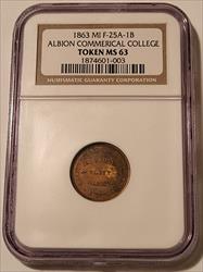 Civil War Token 1863 Albion MI Commercial College F-025-1B R9 MS63 NGC Toned