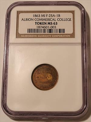 Civil War Token 1863 Albion MI Commercial College F-025-1B R9 MS63 NGC Toned