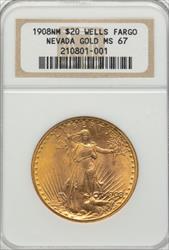 1908 NM $20 St Gaudens MS67 NGC Well's Fargo