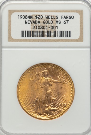 1908 NM $20 St Gaudens MS67 NGC Well's Fargo