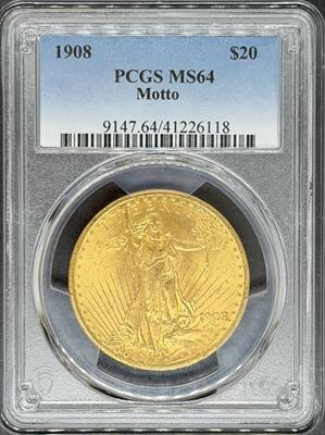 1908 Motto $20 St. Gaudens MS64 PCGS