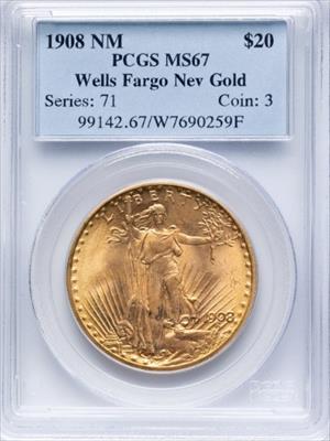 1908 NM $20 St Gaudnes MS67 PCGS Well's Fargo