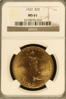 1922 $20 St Gaudens MS61 NGC