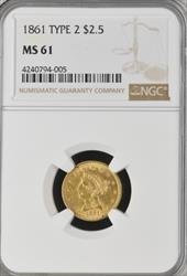 1861 T2 $2.5 Liberty MS61 NGC