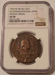 1926 PA So-Called Dollar Medal HK-451 R3 Sesquicentennial Expo AU58 NGC