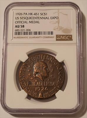 1926 PA So-Called Dollar Medal HK-451 R3 Sesquicentennial Expo AU58 NGC