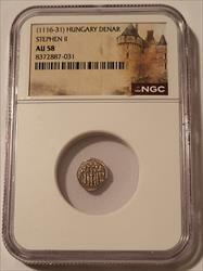 Hungary - Middle Ages - Stephen II (1116-31) Silver Denar Golgotha AU58 NGC