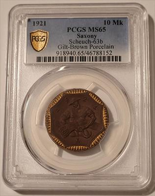  Germany Weimar Republic - Saxony 1921 10 Mark Notgeld Porcelain Token Scheuch-63b MS65 PCGS GSH
