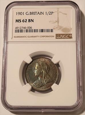 Great Britain Victoria 1901 1/2 Penny MS62 BN NGC Nice Toning