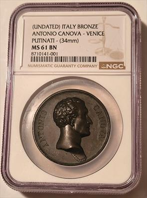 Italy c 1817 (Undated) Bronze Medal of Antonio Canova - Venice by Putinati MS61 BN NGC