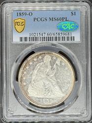 1859-O Liberty Seated Dollar MS60PL PCGS CAC