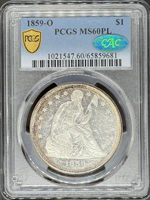 1859-O Liberty Seated Dollar MS60PL PCGS CAC