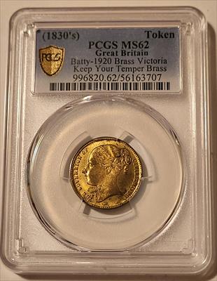Great Britain Victoria (1830s) Keep Your Temper Brass Token rv Woman Seated MS62 PCGS GSH