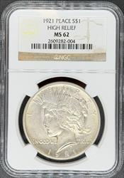 1921 HR Peace Dollar MS62 NGC