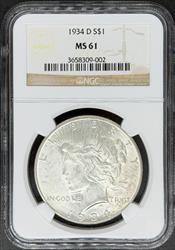 1934-D Peace Dollar MS61 NGC