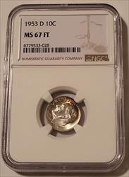 1953 D Roosevelt Dime MS67 FT NGC Toning
