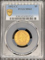 1892-CC $5 Liberty MS62 PCGS CAC