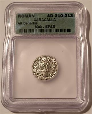 Roman Empire Caracalla AD 210-213 AR Denarius XF45 ICG